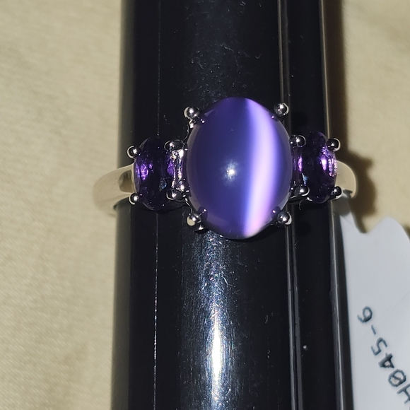 Sz 6, Oval Violet Aurora Moonstone, Amethyst side stones,925 Silver, Rhodium,NWT - Picture 3 of 15